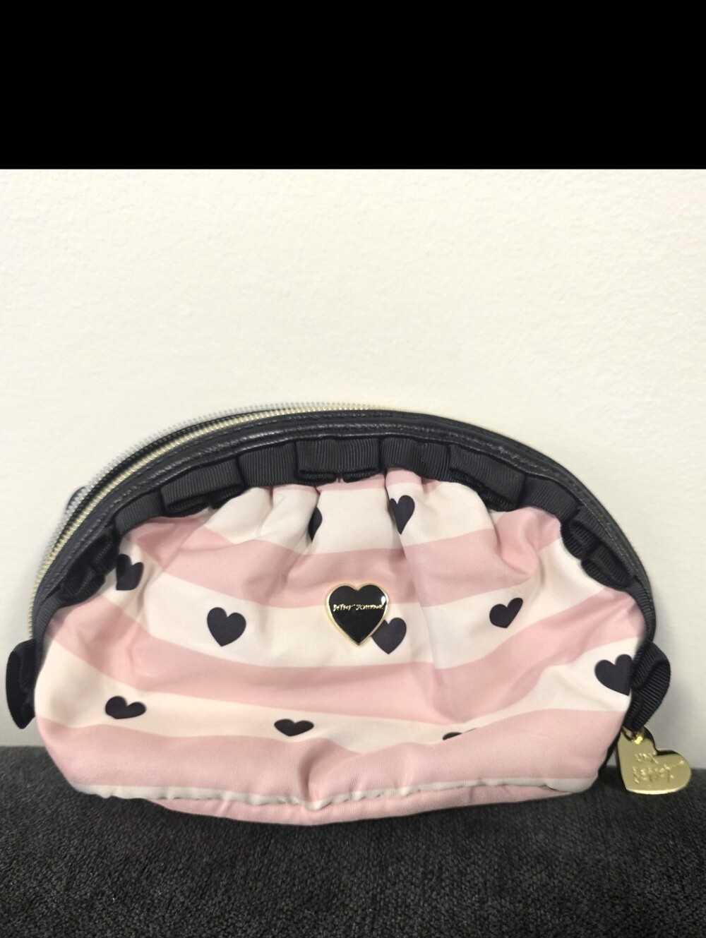Betsey Johnson Pink & Black Heart Stripe Cosmetic Pouch